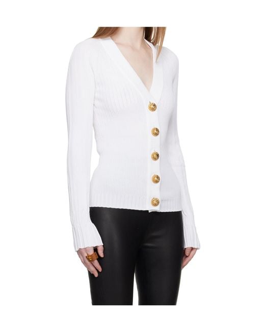 Balmain White Button-Down V-Neck Knit Sweater