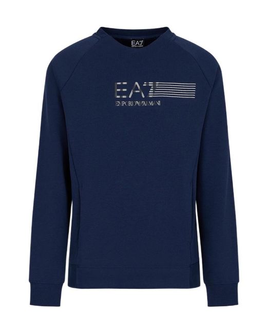 EA7 Blue Logo Printed Round Neck Sweater for men