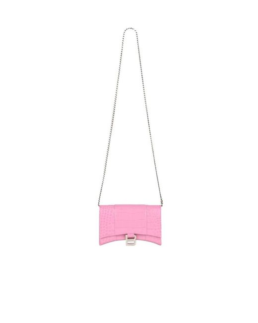 Balenciaga Pink Hourglass Wallet With Chain Crocodile Embossed