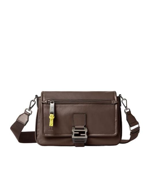 Fendi Brown Flux Logo Plaque Messenger Bag for men