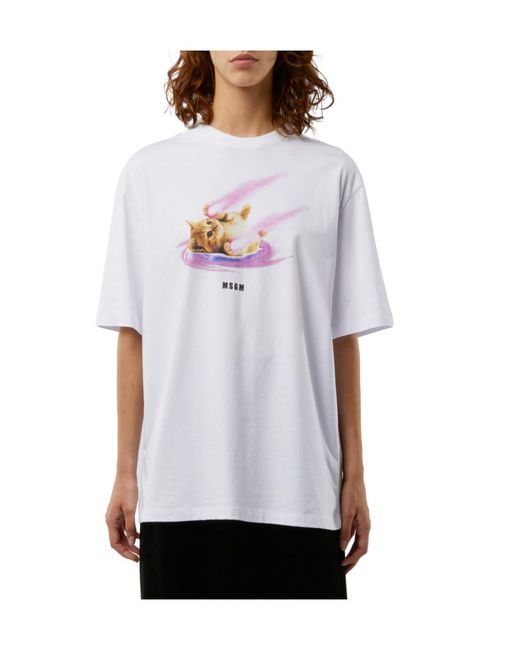 MSGM White 'Space Cat' Designs Cotton T-Shirt With Round Neck