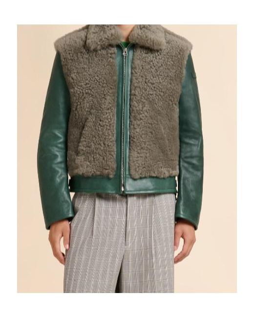 Marni Green Leather Jacket With Shearling Panels for men