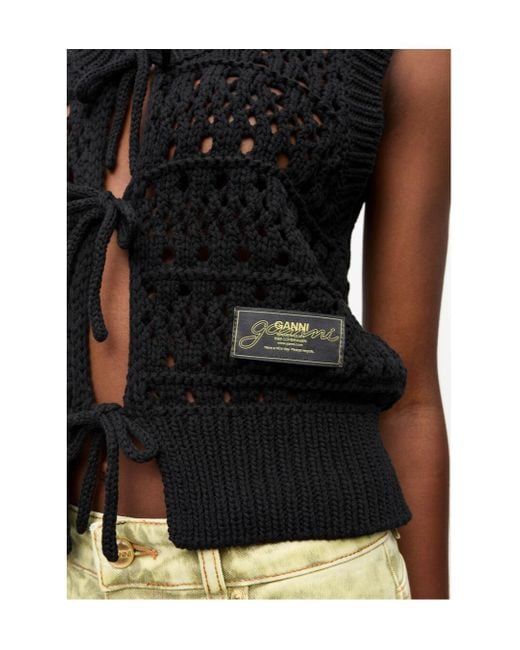 Ganni Black Crochet Tie String Vest