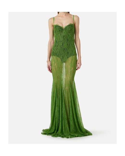 Elisabetta Franchi Green Sheer Lace Maxi Dress