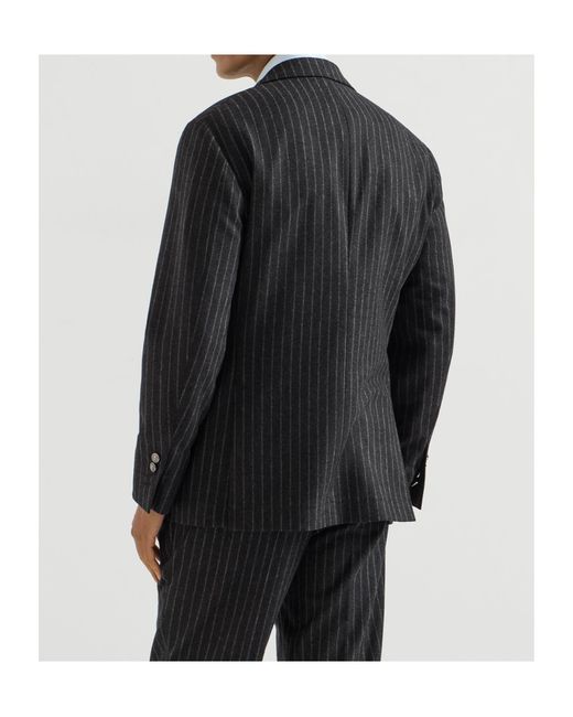 Brunello Cucinelli Black Virgin Wool And Cashmere Chalk Stripe Flannel Deconstructed Blazer With Large Peak Lapels And Metal Buttons for men