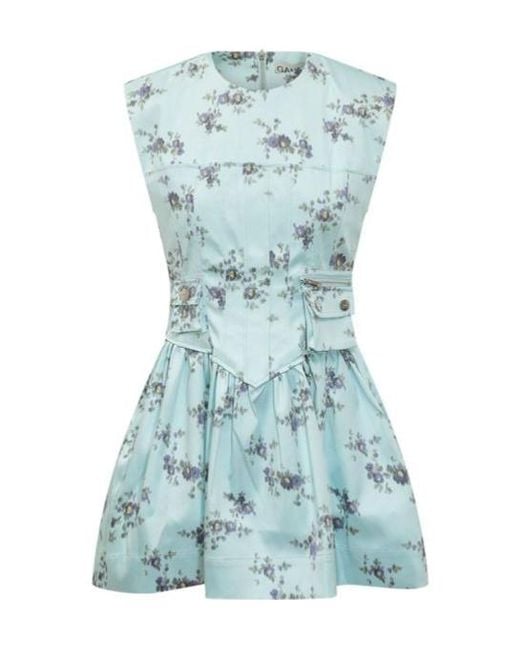 Ganni Blue Mini Suit With Corset And Floral Print
