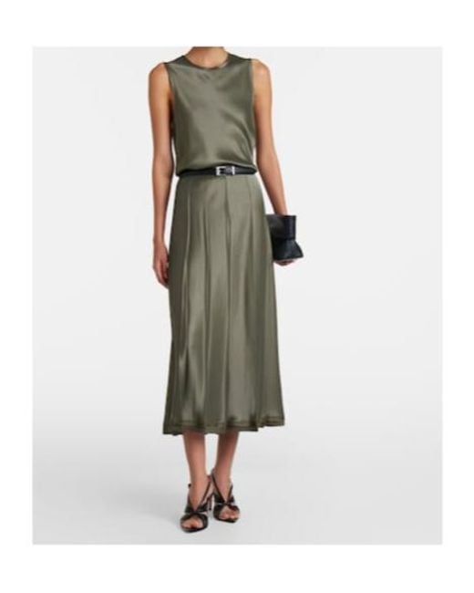Vince Green Pleated Satin Midi Skirt