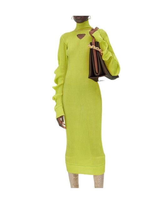 Bottega Veneta Yellow Turtleneck Cut-Out Rib-Knit Dress
