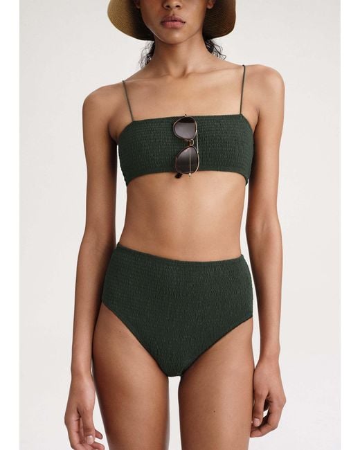Totême Green Smocked High-Waist Bikini Bottoms