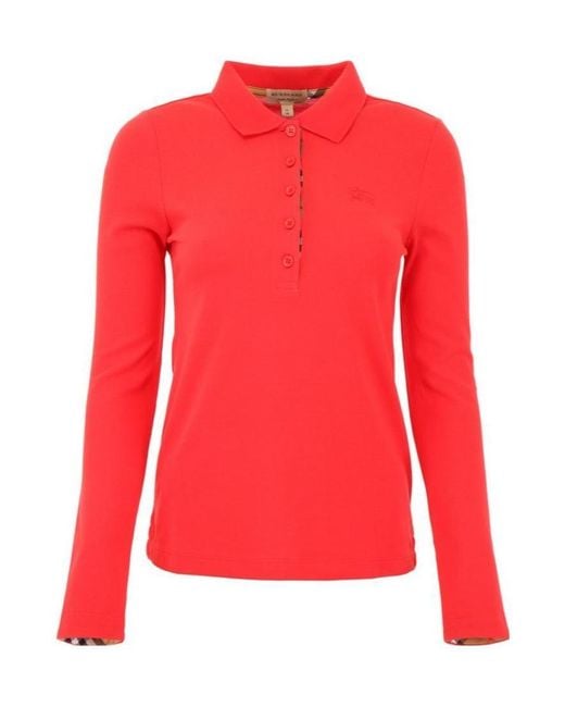 Burberry Red Long-Sleeve Check Placket Cotton Piqué Polo Shirt