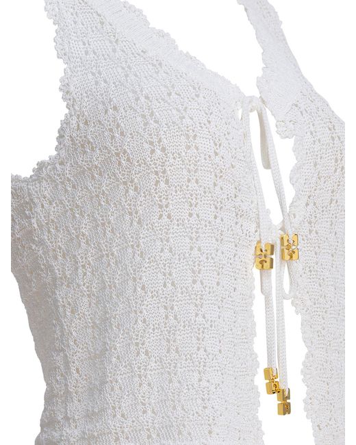 Ganni White Shiny Pointelle Sleeveless Knit Vest