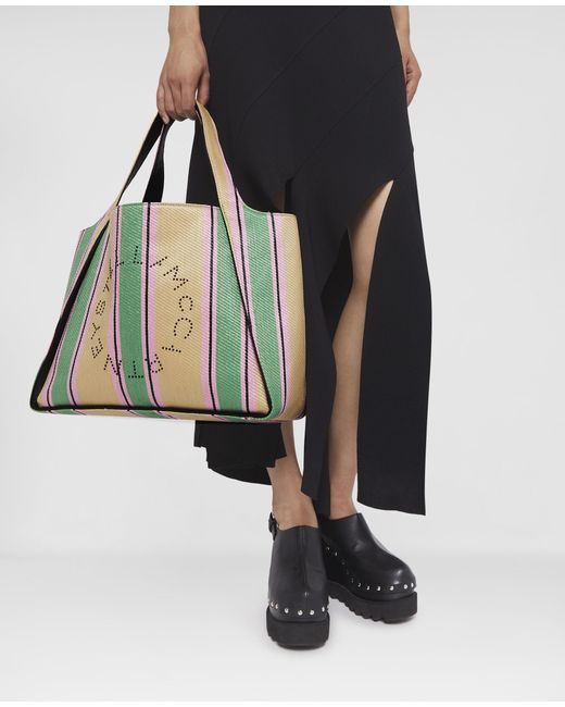 Stella McCartney Green Striped Logo Embellished Tote Bag