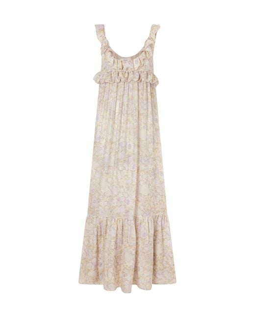 Chloé Natural Ruffled Floral-Print Silk-Charmeuse Wide-Leg Pants