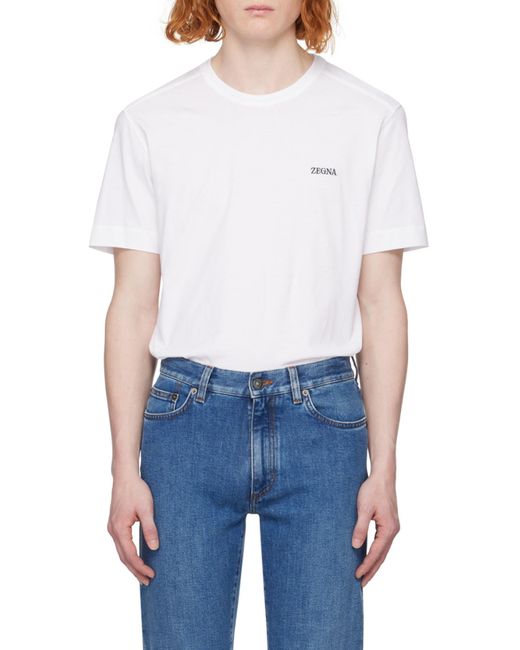 Zegna White Logo Embroidered Crewneck T-Shirt for men