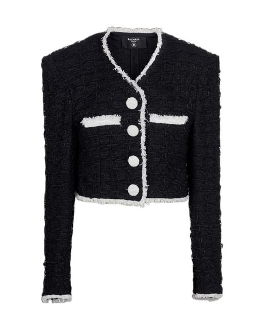 Balmain Blue Short Tweed Jacket With Contrasting Details
