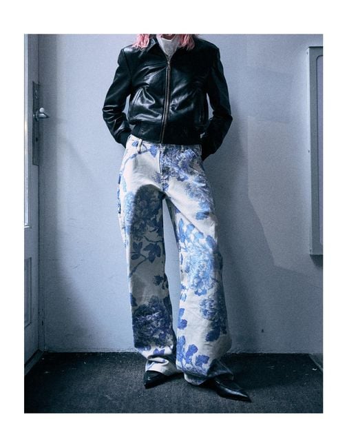 R13 Blue Belt-Loop Floral-Print Jeans
