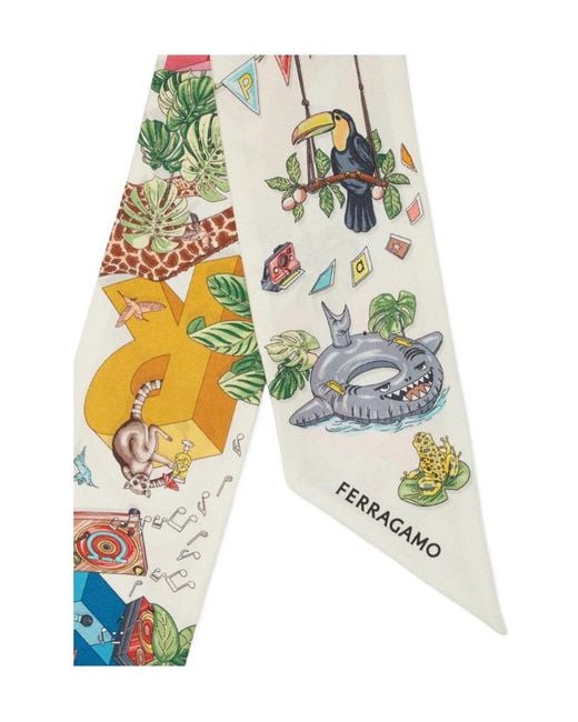 Ferragamo White Jungle Party Graphic-Print Bandeau Scarf