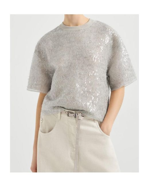 Brunello Cucinelli Gray Dazzling Cascade Embroidery T-Shirt
