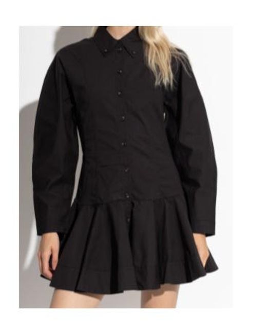 Ganni Black Ruffled Hem Detailed Mini Shirt Dress