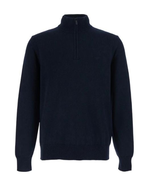 Emporio Armani Blue Half Zip Logo Knitted Sweater for men