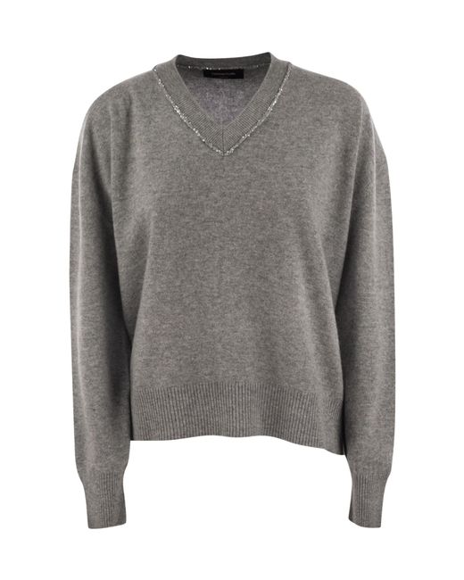 Fabiana Filippi Gray Sequin-Embellished V-Neck Knitted Jumper