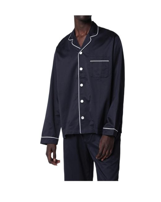 Tekla Blue Contrast-Piping Pajamas Shirt for men