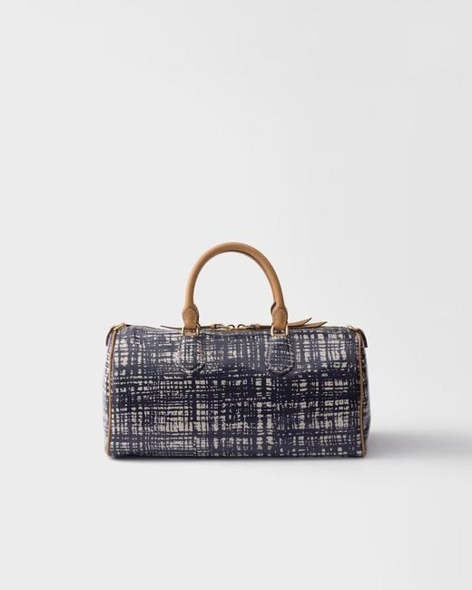 Prada Blue Medium Linen Blend And Leather Top-Handle Bag