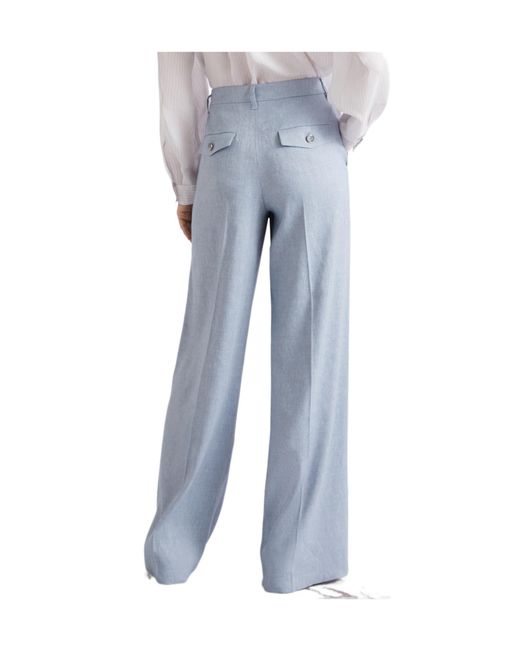 Marella Blue Herringbone Linen And Viscose Palazzo Trousers