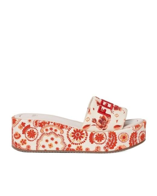 Fendi Red Camelia And Canvas Flatform Slides