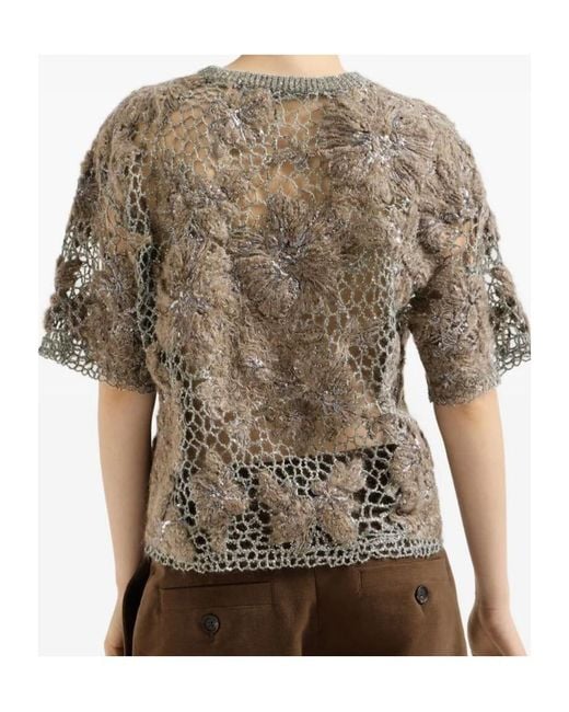 Brunello Cucinelli Multicolor Whispering Bloom Embroidery Knit T-Shirt