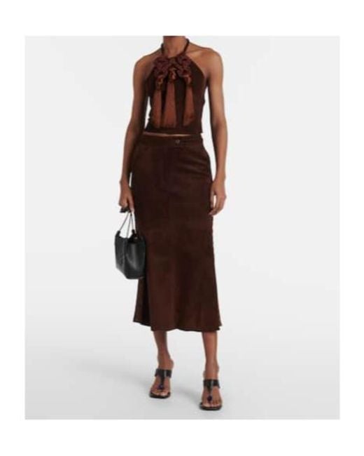Johanna Ortiz Brown Mid-Rise Suede Midi Skirt