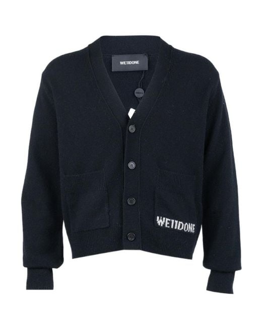 we11done Blue Logo-Print V-Neck Jumper for men
