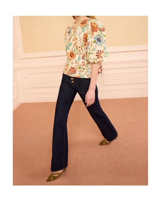 Ulla Johnson Natural Floral Print Puff Sleeve Cotton Top