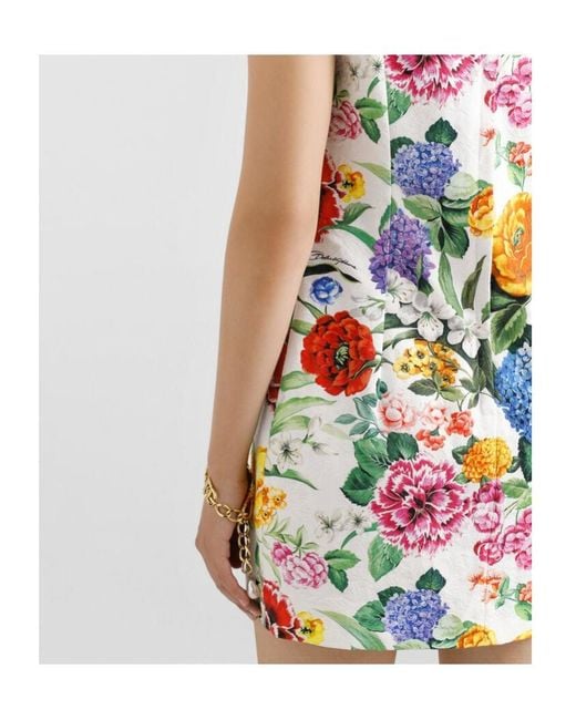 Dolce & Gabbana White Brocade Midi Dress With Floral