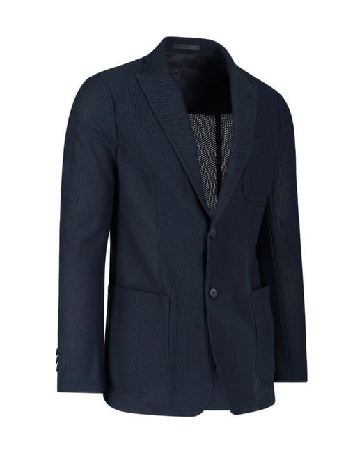 Giorgio Armani Blue Honeycomb-Knit Notch-Lapel Blazer for men