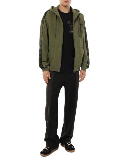 Moschino Green Logo-Print Zip-Up Organic Cotton Hoodie for men