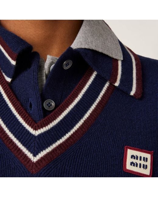 Miu Miu Blue Logo-Patch Polo Sweater