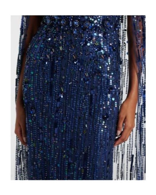 Jenny Packham Blue Ruby Sequined Caped Gown