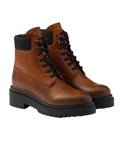 Prada Brown Logo-Debossed Lace-Up Ankle Boots