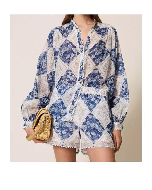 Twinset Blue Lace Trim Floral-Printed Shorts