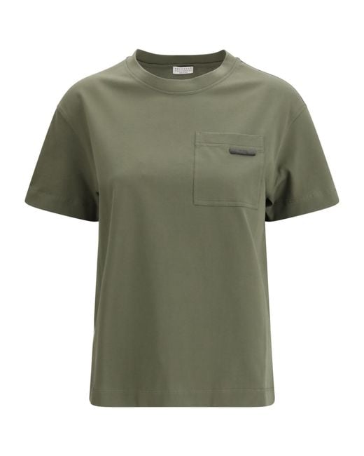 Brunello Cucinelli Green Shiny Tab Crewneck T-Shirt