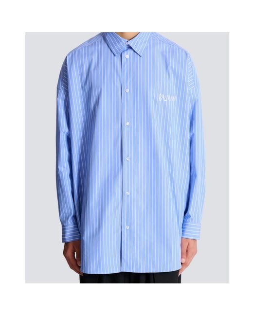 Balmain Blue Cotton Relaxed Stripe Logo Shirt for men