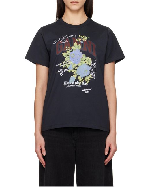 Ganni Black Flower Printed T-Shirt