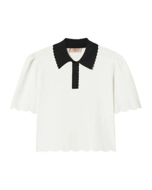 Twinset White Scalloped-Trim Knitted Polo Shirt