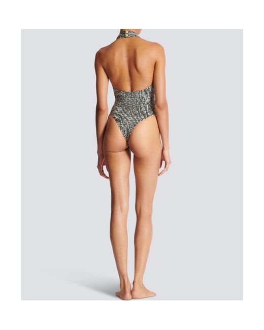Balmain Black Pb Labyrinth-Print Swimsuit