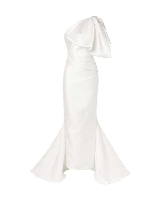 Solace London White Priya One-Shoulder Gathered Satin-Twill Gown