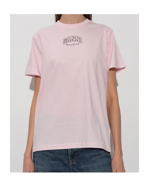 Ganni Pink Logo Printed Crewneck T-Shirt