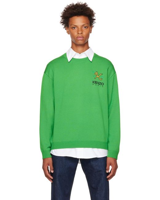 KENZO Green Logo Embroidered Crewneck Sweater for men
