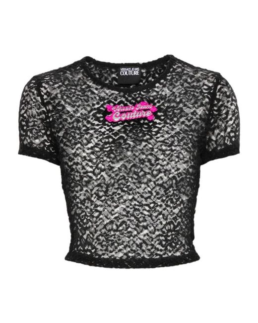Versace Jeans Black Appliqué-Logo Floral-Lace T-Shirt