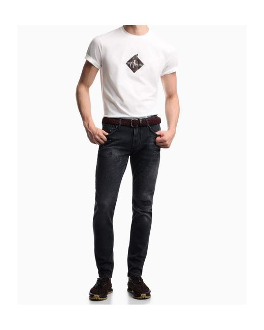 Emporio Armani Blue Five-Pocket Jeans Slim Fit Distressed With Paint Splatters for men